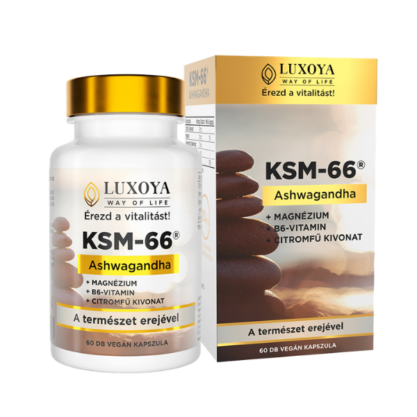 Luxoya KSM-66 Ashwagandha növényi kivonatokkal és B6-vitaminnal dúsított étrend-kiegészítő kapszula - 60db